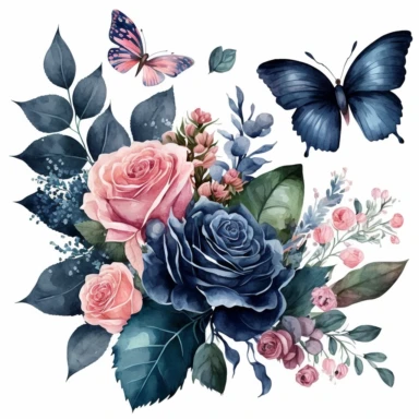 Watercolor bouquet of navy blue and pink roses clipart with some wild leaves and florals and a navy blue butterfly isolated cozy object on white background, magical colors, white background, watercolor, hyperrealism, high detail, isolated elements, clipart