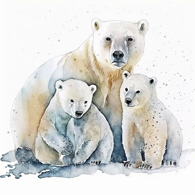 watercolor clipart a family Polar Bears playing in the snow in the Arctic regions of Alaska, Canada, Greenland, Norway, and Russia., digital illustration, 8k, hd ar 16:9 v5
