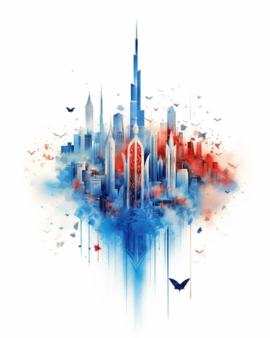 watercolor promotional print for the city of Dubai depicting the essence of the United Arab Emirates soul, dreamlike, clear individual recognizable elements, inspired by line art in blue, black and red color, clipart, on white background