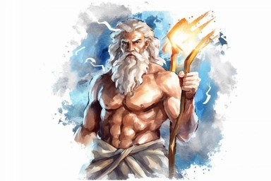 watercolour Greek God Zeus, holding a lightning bolt, clipart hd, white background,