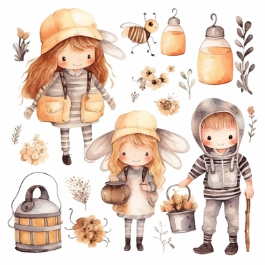 Watercolor boho beekeeping, illustrations clipart set, simple, soft colors, cartoon elements, different variants, cute little boy and girl beekeeping, separate elements with a margin