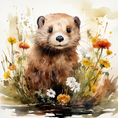 Whimsical otter on spring meadow watercolor clipart, white background