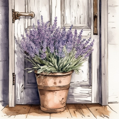 Create a beautiful watercolor clipart illustration of a dried bunch of a French lavender. potted plant against a rustic farm door. The composition should be set against an isolated white background, with a bright and airy feel. Focus on capturing intricate details such as the delicate petals of the lavender. Use a loose and fluid watercolor technique to create a sense of movement and lightness. Experiment with the use of negative space to create a sense of depth and perspective. Consider adding 