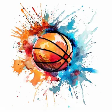 Basketball bouncing on a court clipart, white background, watercolor drawing