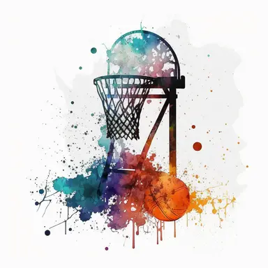 watercolor single basketball clipart, white background, basketball net, sitting on a basketball court