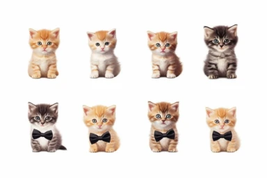 9 sets of a cute baby kitten Munchkin, smile,round face,round head,Wearing a flower bow tie,different poses,different breeds, clipart, isolated on white background, spaced out,