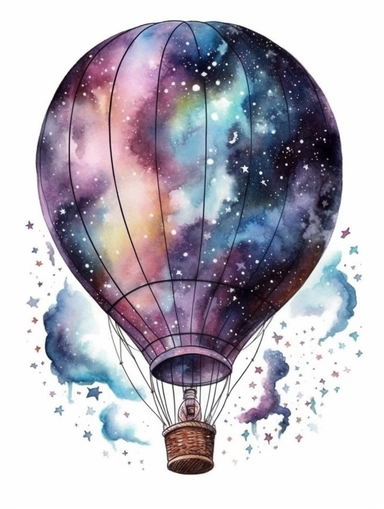 fantasy watercolor clipart with white background, hotair balloon with a galaxy design wrapping around the balloon, incorporate an artistic theme and meticulous attention to stitching and gradients, flat design, clearly defined separated image, high quality