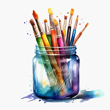watercolour artist paint brushes in a jar of water clipart no splashes or drips HD high resolution, clear sharp lines, hyper detailed realistic on a white background