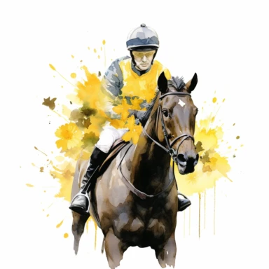 ace horse, with jockey, with yellow flowers water color, white backhround, clipart