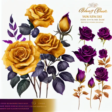 one group of detailed roses clipart ,the colors are Mustard Yellow and Deep Purple arranged clipart, watercolor, 8k, white blank background
