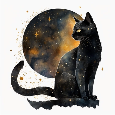 a sitting skinny pagan black cat in front of big starry sky portret, clipart, moon, watercolors, white background, stars, planets, galaxy, magical, ornaments, little golden stars, full body, pictorial space, sparky, golden glitter, oraneg eyes, use Cool Color Palette
