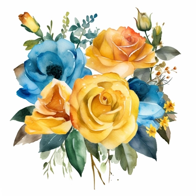 Birthday yello and blue roses bouquet watercolor design clipart