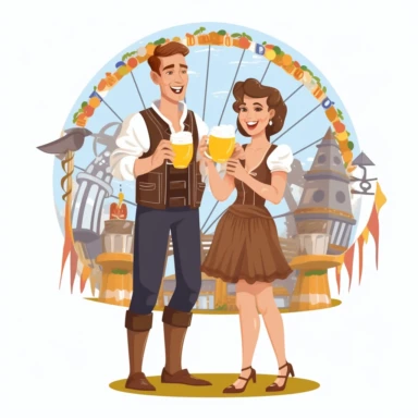 German man in lederhosen and woman in dirndl toast with one mug of beer at the oktoberfest with the ferris wheel in the background, clipart, white background