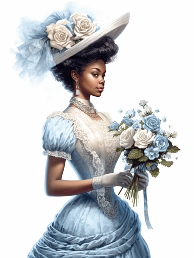 vintage beautiful victorian black woman in shabby chic high class dressholding a bouquet with blue roses on white background, blue theme, illustration, clipart