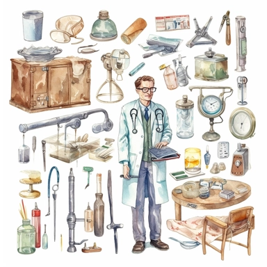 watercolor doctor related scenes , illustrations clipart set, simple, , cartoon elements ,different variants , glucometer, insulin syringe, nurse, doctor, stethtescope, mechanical body weighing scale, tweezers, microscope, ambulance, , separate elements with a margin