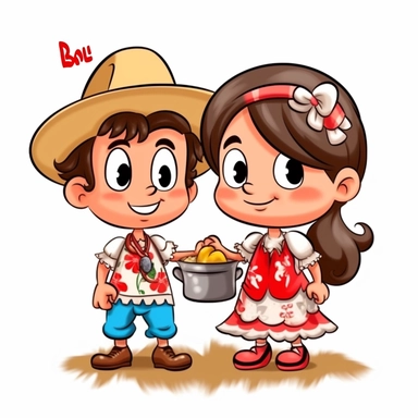 a couple of children dressed for a Brazilian junina, happy, Monica's gang style, Graphics Maurício de Sousa, digital art, big eyes, cartoon, clipart , country girl from festa junina from brazil cute drawing white background