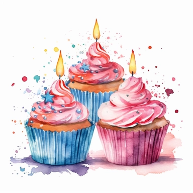 watercolor clipart, cupcakes with candle, white background