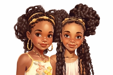 Two beautiful African American child black girls showing their artistic braided long Hair fashion, slightly smiling, clipart, nouveau style