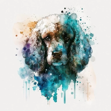 the Poodle is painted beautifully with watercolor splashes, in the style of light azure and dark amber, uhd image, avacadopunk, ferrania p30, elegant, emotive faces, high resolution, symmetrical, white background, no overflow, clipart