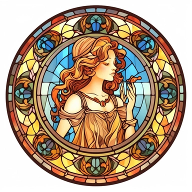 Vintage Cute Beautiful Round Stained Glass Girl Sublimation Clipart, Cartoon, hyper realistic, intricate detail, illustration style, high solution, on the white background