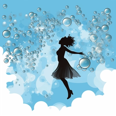 The world, the black woman falling under the clouds, blue, flying bubbles clip art