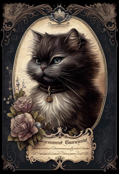 an adorable victorian cat by [Rebecca Latham + Sarah Stribbling + sumi-e + nicoletta ceccoli], Easter theme, epic scene, dark dark academia watercolor vintage CLIPART, illustration, hyper realistic, intricate detail clipart, watercolor, painterly, Jean-Baptiste Monge, drawing on top of old grunge beautiful scrapbooking background paper, old paper texture, decoupage printable digital background, distressed borders, vintage borders, grunge borders, shabby borders