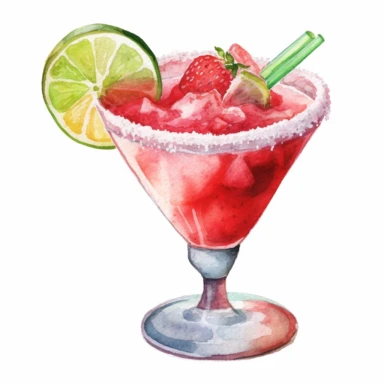 A frozen strawberry margarita in a salt-rimmed glass, with a slice of lime and a strawberry on top , Watercolor, pastels, clipart, beautiful, colourfull, png transparent white background, high resolution, no caption q4 s2