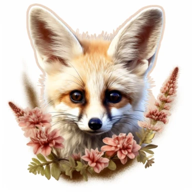 clipart , Lashes, super lovely, nursery, close-up of an fennec foc, flower. The red panda has fluffy fur with black markings, large ears, and bright eyes. It is standing on top of a white background. vintage clothing hyper realistic 8k