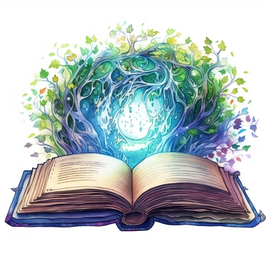Solid white background, Detailed watercolor open ancient magic book that is encased in enchanted vines that form an alter for the open book to sit, greenblue northern lights glow from the book's pages, clipart. The visable pages of the book have sketched magic circles on them visibly