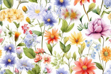 3D flora, flowers, Watercolor, vector, white background, clipart, Seamless patterns, repeating patterns design, flat illustration, outlined , Vector, 4K, Art station, digital print, highly detailed clean