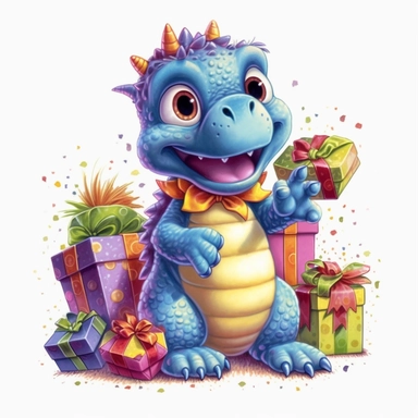 adorable baby dinosaur holding birthday presents full body semi realistic cartoon style, magic realism style, brightly colored airbrushed style, clipart, clear white background--ar 2:3