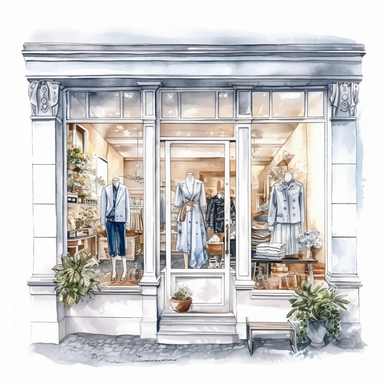 A stylish boutique with elegant window displays, mannequins and fashionable clothing, watercolor illustration with photorealistic high details clipart, white background