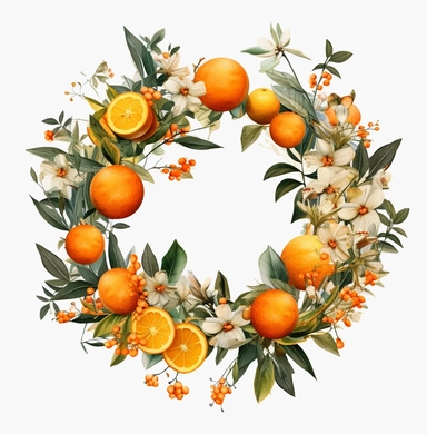 a wreath made in an arrangement of oranges cliparts for free, in the style of aggressive digital illustration , colorful mixed-media collages, luxurious fabrics, realistic usage of light and color, berlin secession, tranquil gardenscapes, visual harmony lively illustrations white background no shadowing