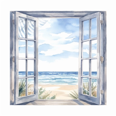 Ella bailey watercolour illustration style window frame with beach view, high definition, 8k, insanely detailed, fine detail, sharp focus, illustration, white background, isolated clipart vector