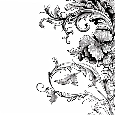 a clean detailed black line drawing of a single classical floral top right-hand corner scroll ideal for a wedding stationery, white background clipart