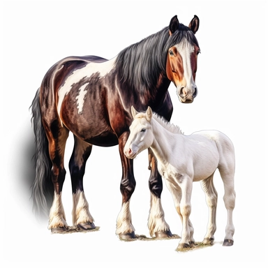 shire horse horse and foal in the style of digital airbrushing realistic yet stylized, digitally enhanced, clipart, 32k uhd, detailed crosshatching white background