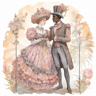 vintage style Detailed light and shadow, 2D outline, A beautifully patterned neo rococo Victorian baroque hyper realistic french court royal couple in varying hues of slate gray, pink, yellow and brown, stunningly beautiful, refined and sophisticated, Hand drawn, cicely mary barker ,realistic watercolor, Clipart, emotionally pleasing watercolor, i can't believe how beatiful this is,accurate detailed line art, white background, intricate detail, clean line art, saturated fantasy watercolor, white