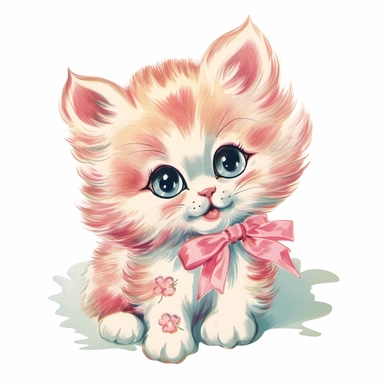 vintage Hand painted clipart of a pastel kitten with long eyelashes and rosy cheeks, playful and animated, in the style of vintage nursery kitsch Lefton, retro midcentury 1950’s, white background, contour
