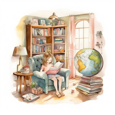 beautiful watercolor clipart of an idyllic book reading nook with a young child reading books, fun pastel hues, compositions on an isolated white background. Bright illustration, highly detailed