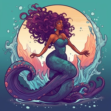 2d, full body beautiful vibrant plus size gorgeous, african american queen-like Ursula, long life-like tentacles, clipart, swimming through the sea, background is seacore, cartoon realistic