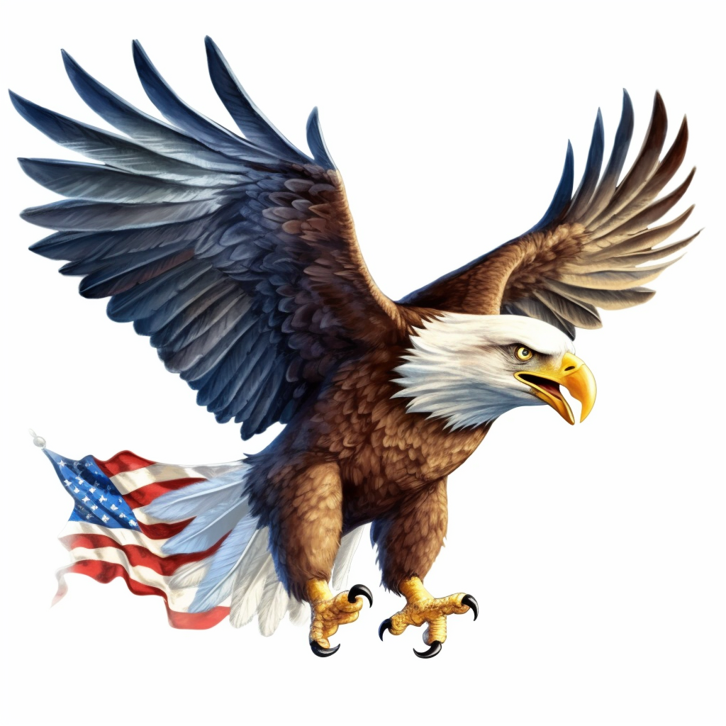 flying bald eagle with american flag in his talons, clip art, white ...