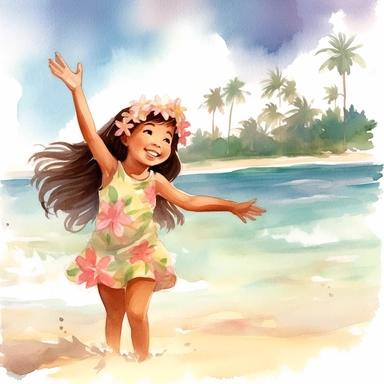watercolour, beautiful soft colours, tropical island setting, showcase an adorable little Hawaiian girl doing the hula on the beach with her family, she feeling is happy, celebration, they are all wearing flowers in their hair, beautiful clipart style
