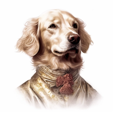 Stunning Golden Retriver adorned in a ruffled Victorian collar and a decorative ribbon, exuding charm and sophistication against the pristine white backdrop. Its distinct spots and dignified posture make it a true Victorian beauty. Clipart, watercolor, white background, intricate detail, unreal engine cinematic smooth. Realistic rendering