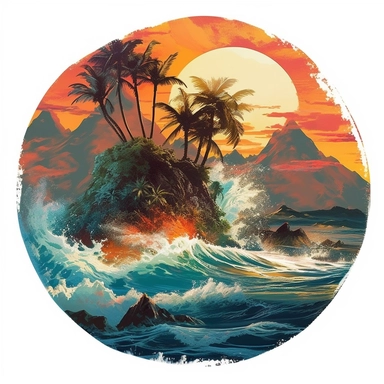 Jeremy Mann, Yoji Shinkawa style of a sticker, artwork of t shirt graphic of majestic palm tree in digital painting style , beautiful flowers, sunset mountains and clouds , big sea waves, water splashes, white background, colorful fantasy flower sorround, highly detailed clean, vector image, photorealistic masterpiece, professional photography, realistic, flat white background, isometric, vibrant vector, clipart, illustration, realism, 4k, cinematic, front view, white background