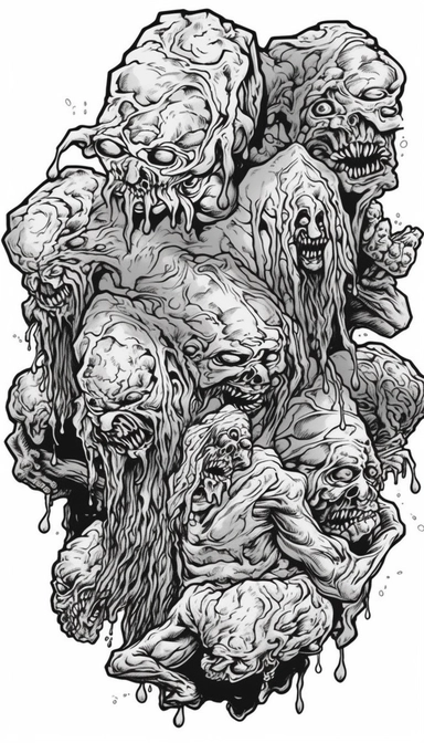 Rectangular creepy shaped Blob's like Cluster of body ghoul zombie lacerated limbs in a death metal t - shirt design monochromatic clipart