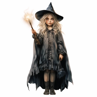 Hand drawn Vintage creepy wizard schoolgirl and small magic wand , full body, no background, watercolor, witchcraft, magical mystery art, cartoon style, very detailed, 8k ,clipart,no shadow,single design, print on demand image, PNG transparent ,white background for removing background - - no text shadow font watermark