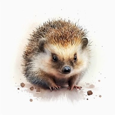 Woodland fluffy hedgehog Clipart Watercolor, cute, lovely, happy, funny, friendly full body furry brown grey baby hedgehog, large emotive eyes, intense gaze, looking straight, watercolour, looking surprised and cute, white background, no plants, no grass, nursery clipart
