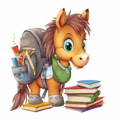 super-cute baby Horse with backpack and student book, knitted style, Perfect for nursery art and children's book illustration style, simple, cute, full color, clipart, watercolor illustration, single object, high definition 8k, white background for removing background