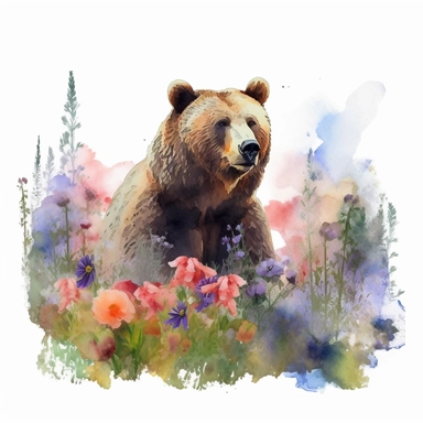 detailed watercolor clipart, photography style, beautiful bear, in a meadow, HDR, spring floral,self shadow, white background