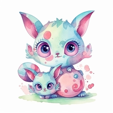 watercolor clipart of an adorable cute monster mom and baby wearing nice clothes, different lateral standing poses, perfect both ears and hands, different colors, a few flowers decor, cute cartoon animal